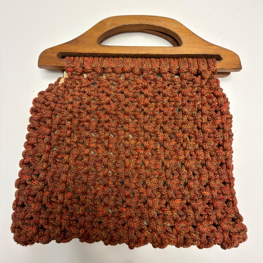 Handmade by Jackie Vintage Macrame Handbag Wood Handle Floral Lining Boho Orange
